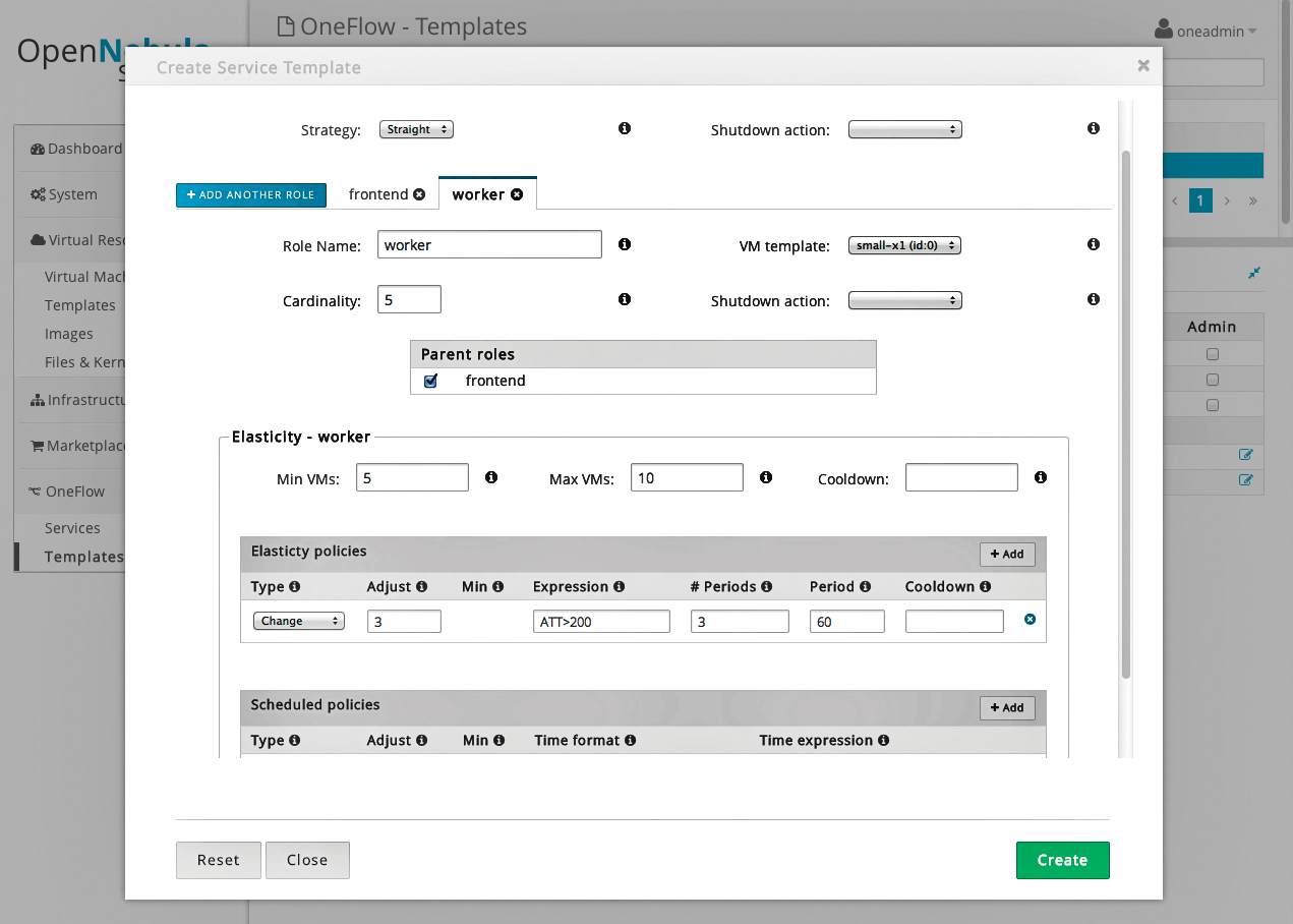 OpenNebula supports Scheduled and Elasticity Policies for the automatic adjustment of resources. 