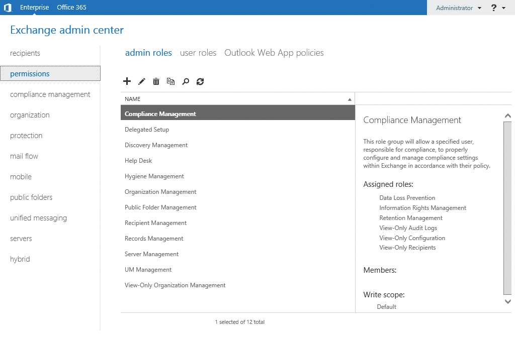 Manage the various management groups in the Permissions section of the Exchange Management Console in Exchange Server 2013 or in the web-based management console, Exchange Admin Center. 