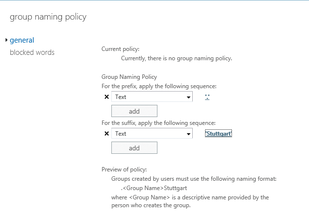 Creating a new group naming policy. 