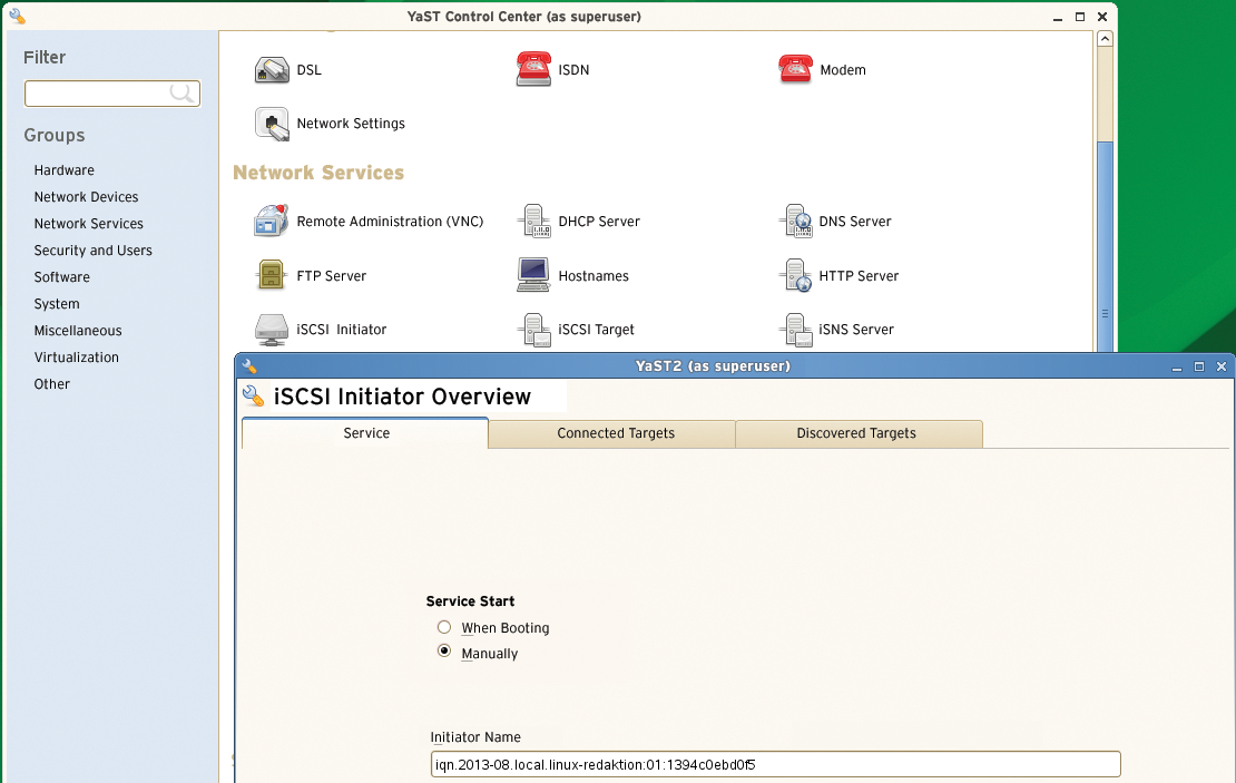 SLE includes graphical YaST modules for configuring the SLE host and the iSCSI clients. 