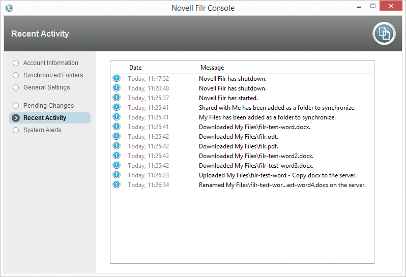 The Windows client Filr Console shows information on all current activities. 