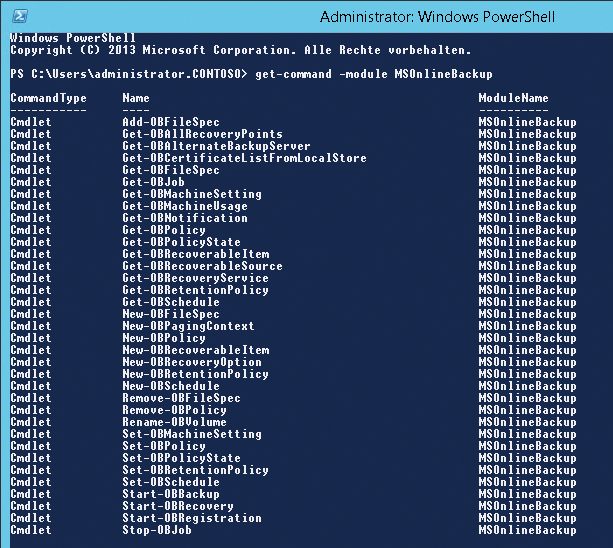 Displaying the available commands for Microsoft Online Backup in PowerShell. 