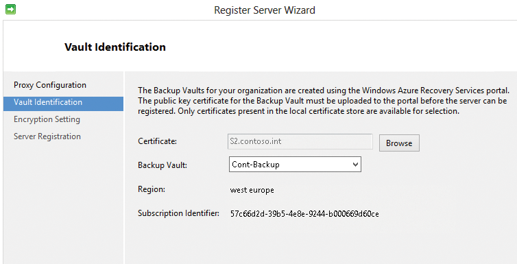 While setting up the agent, you use a certificate to map it to a vault in Windows Azure. 