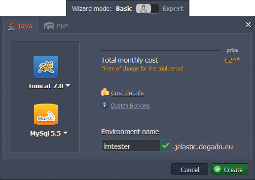 The Jelastic wizard in the dashboard guides you through the task of setting up an initial environment, including a database. 
