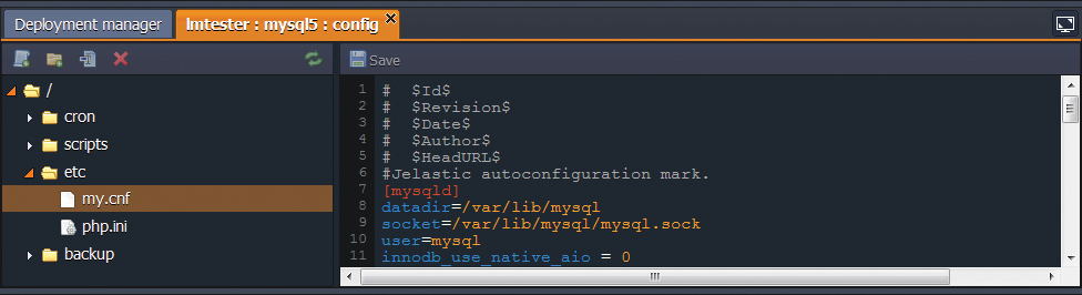 If the default MySQL configuration is not to your liking, you can edit my.cnf directly in the Jelastic dashboard. 