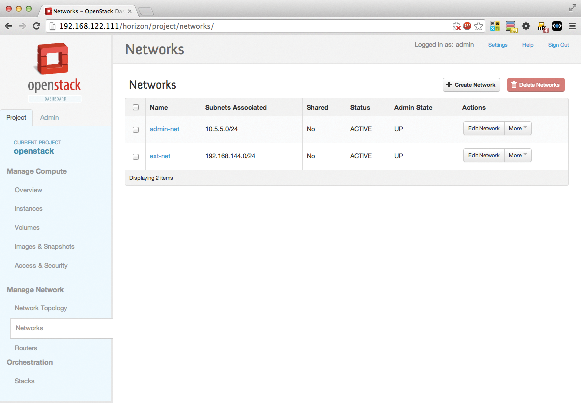 After installing OpenStack with Kickstack, you need to create a network for the admin tenant. 