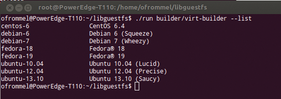 Virt-builder displays a list of the Linux systems it can install. 
