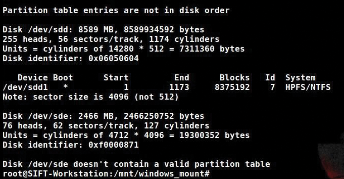 Results after running fdisk -l notice the HPFS/NTFS system at /dev/sdd1. This result is after login to the pmem location. 