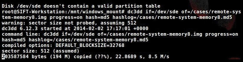 Performing a forensic copy of the Windows memory file using dc3dd. 