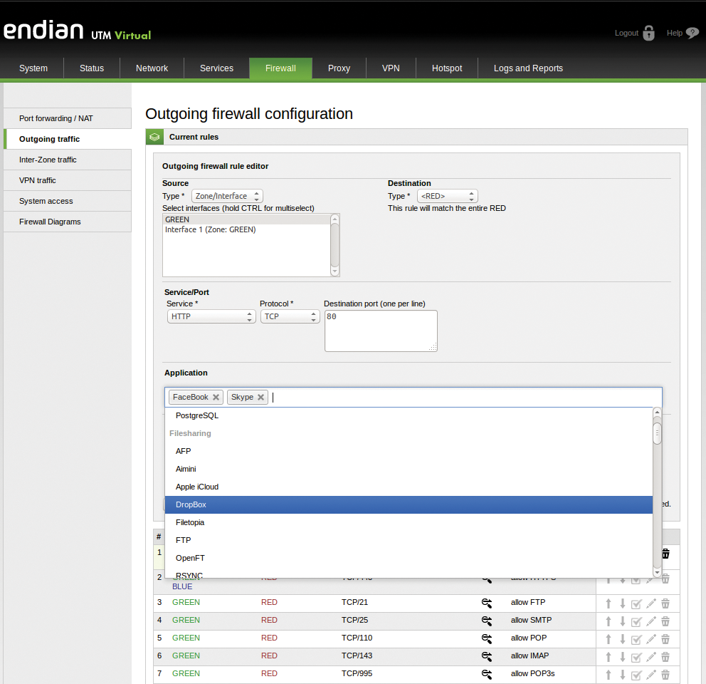 The new application control in the Endian Firewall now also blocks specific applications and services. 