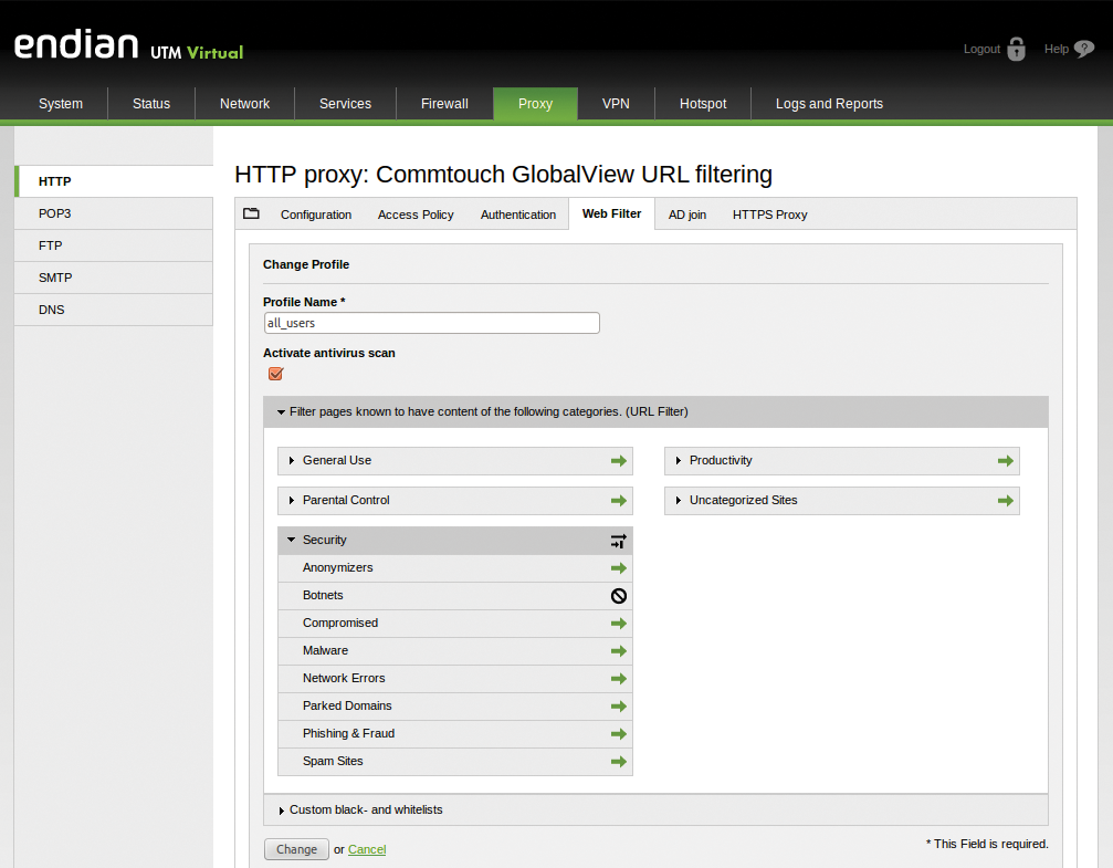 Optional commercial URL filtering with Cyren (Commtouch) and the Panda antivirus tool extend the Endian Firewall. 