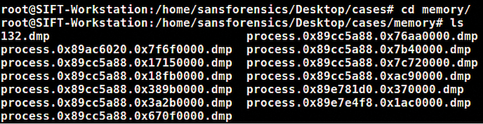 Using malfind results in a number of DMP files for analysis. 