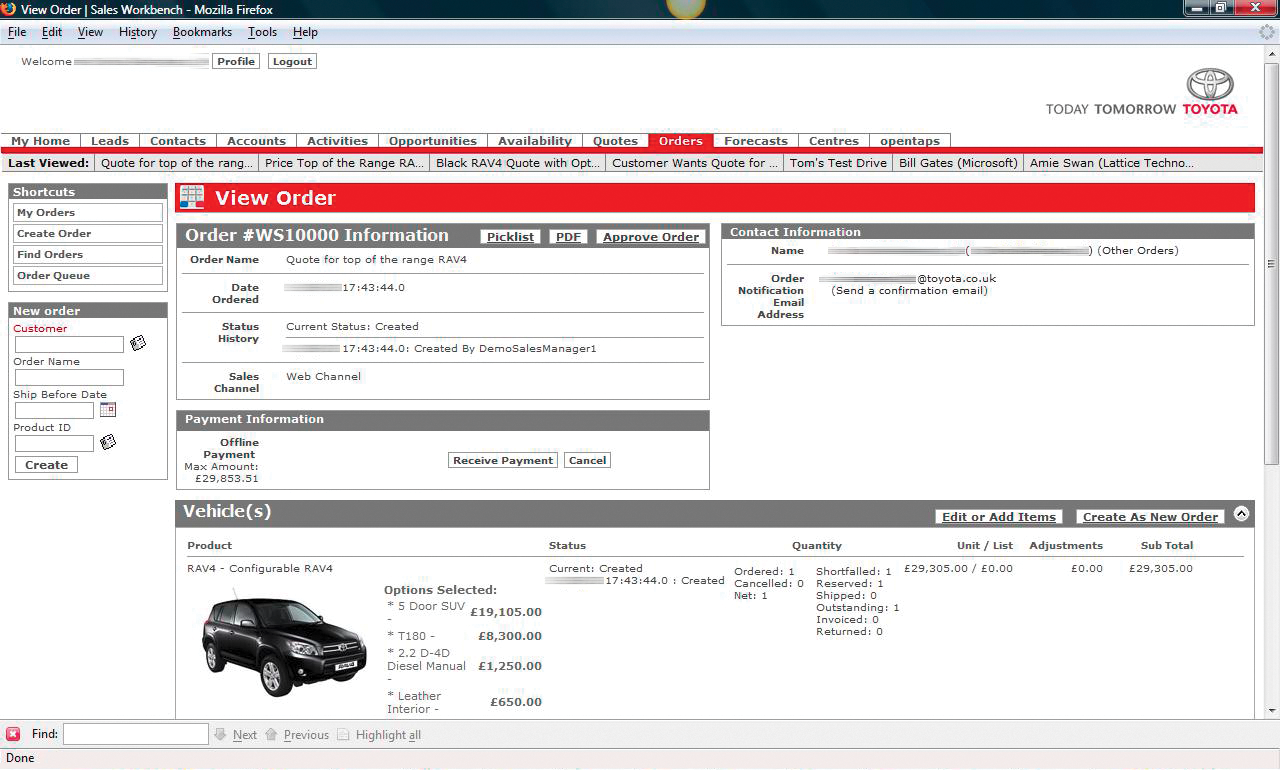 The opentaps ERP software used by Toyota Great Britain (source: opentaps). 