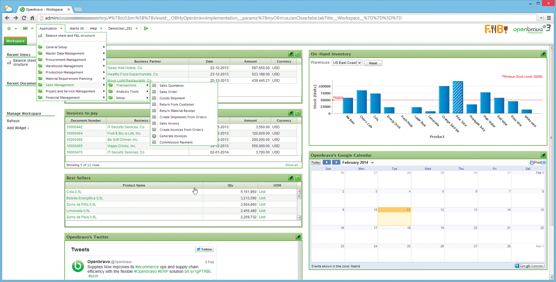 The dashboard of a running Openbravo ERP system. 