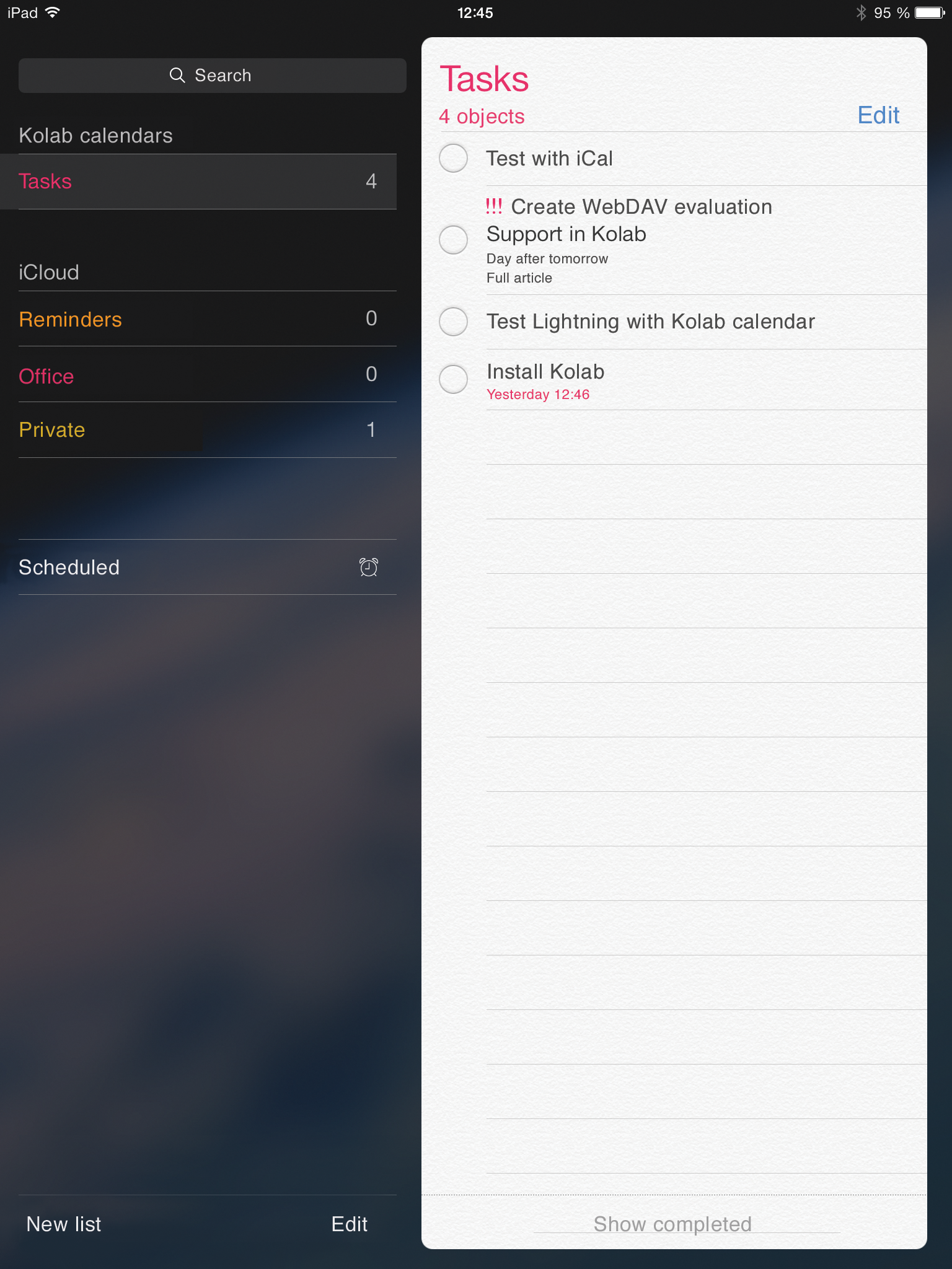 The iPhone Reminders app syncs all tasks with the Kolab server upon request. 