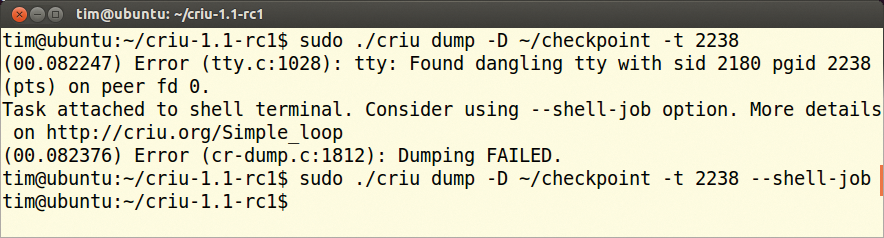 The Top process, with ID 2238, can be only dumped with the --shell-job parameter. 