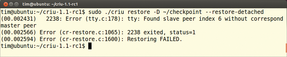 Restoring a process backed up with, but restored without, --shell-job fails without stating the reason. 