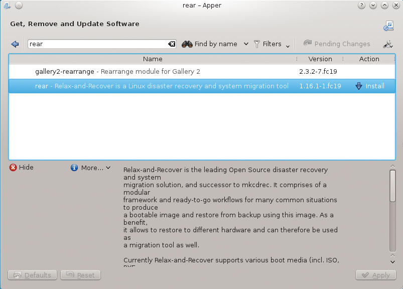 Fedora 19 comes with ReaR Version 1.15. 