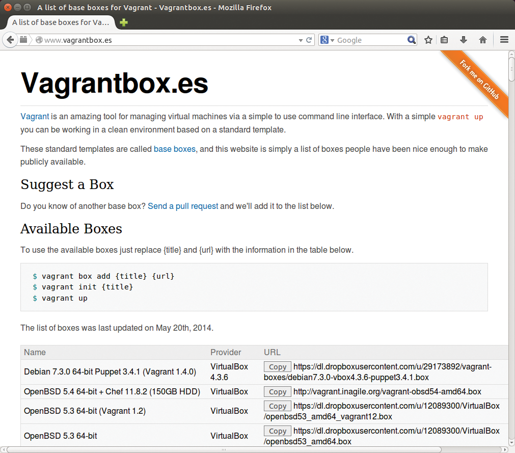 Vagrantbox.es provides links to publicly accessible Vagrant boxes. Their use requires a great deal of trust in the creator. 
