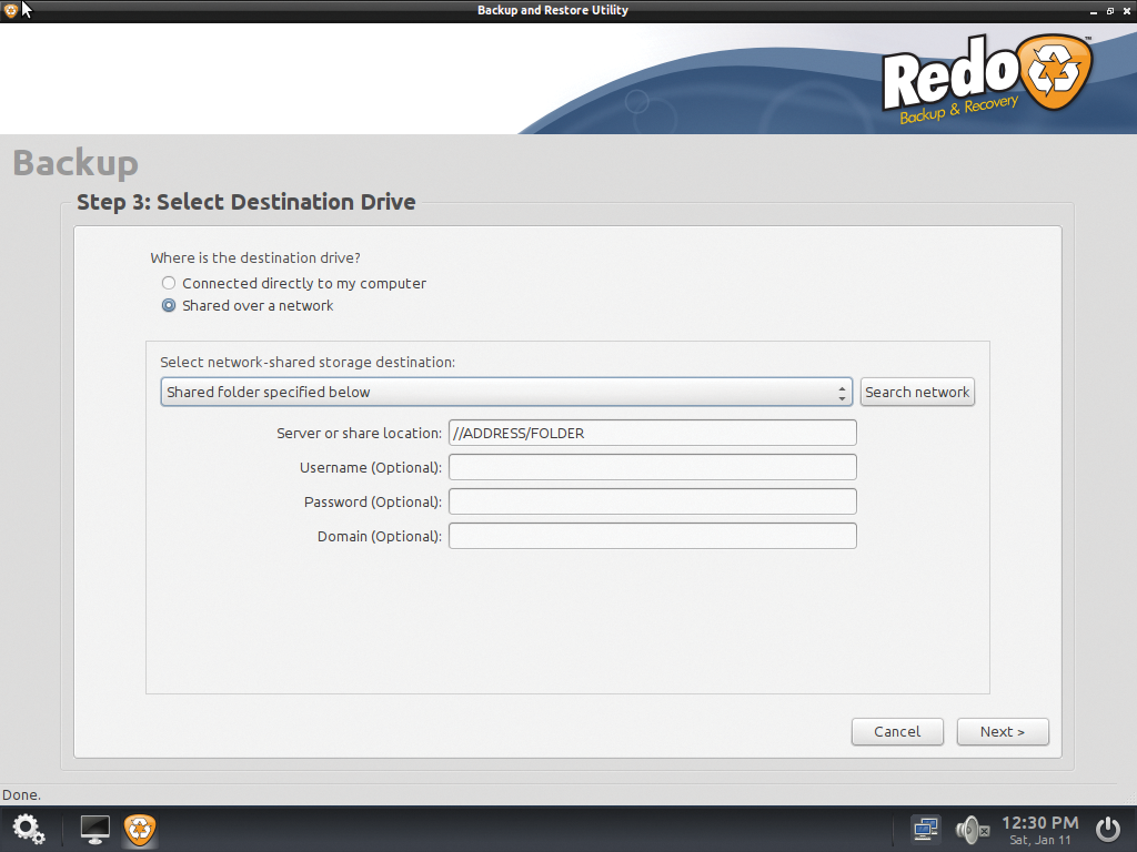 Redo can save images on locally connected disks, Samba shares, and FTP servers. 
