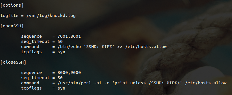 The fully modified /etc/knockd.conf file uses TCP Wrappers instead of iptables. 
