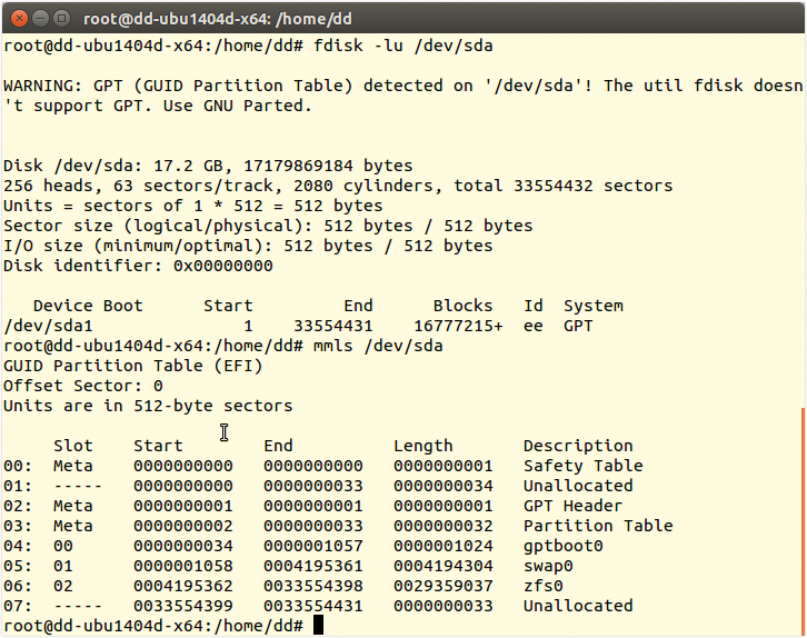 Fdisk doesn't understand the GPT partition, whereas mmls at least outputs some information. 