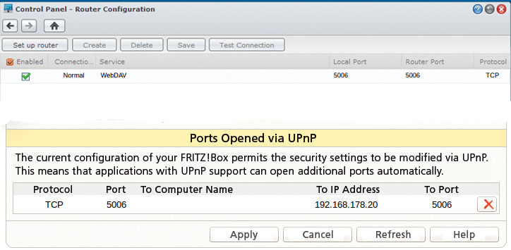 Top: Port forwarding in the NAS GUI (Synology DS214 +). Bottom: Resulting NAT router port forwarding (on a Fritz!Box Fon 7170). 