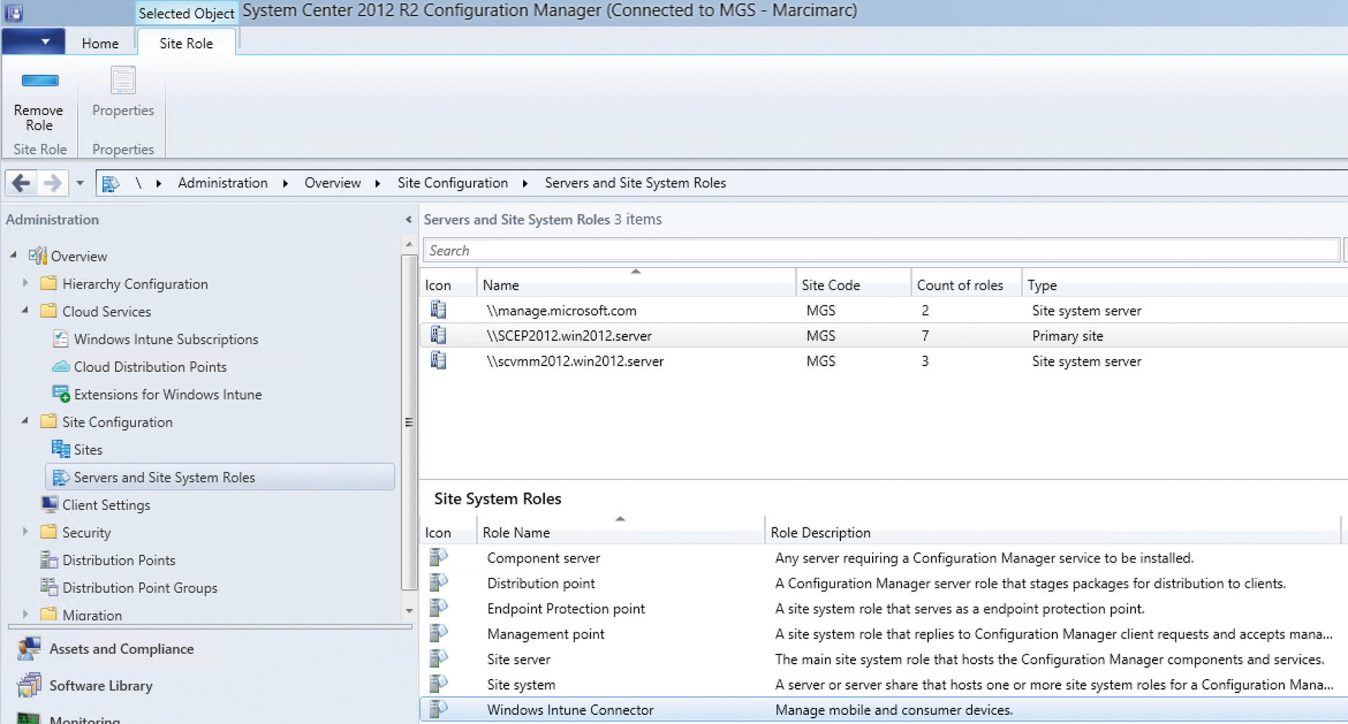 After completing the install, the Windows Intune Connector is available in the SCCM management console. 