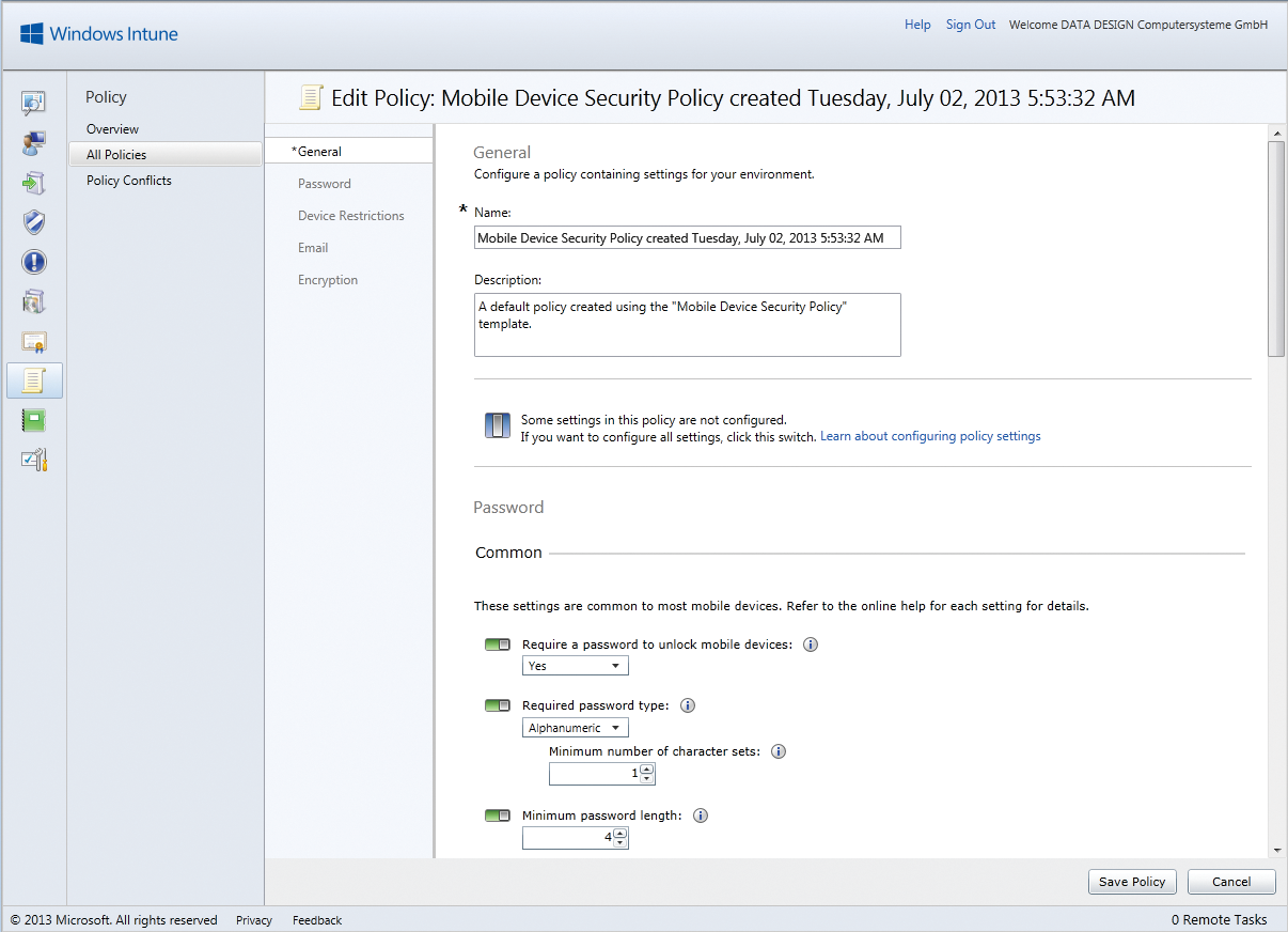 Following Intune integration, administrators can configure policies for mobile endpoints in System Center. 