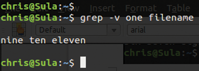 Grep displays the lines of a text file that do not contain the pattern "one." 