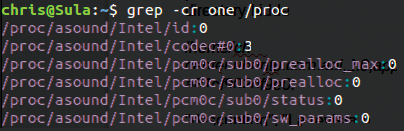 Grep shows a sound codec file on the /proc virtual filesystem that returns three hits for the pattern "one." 