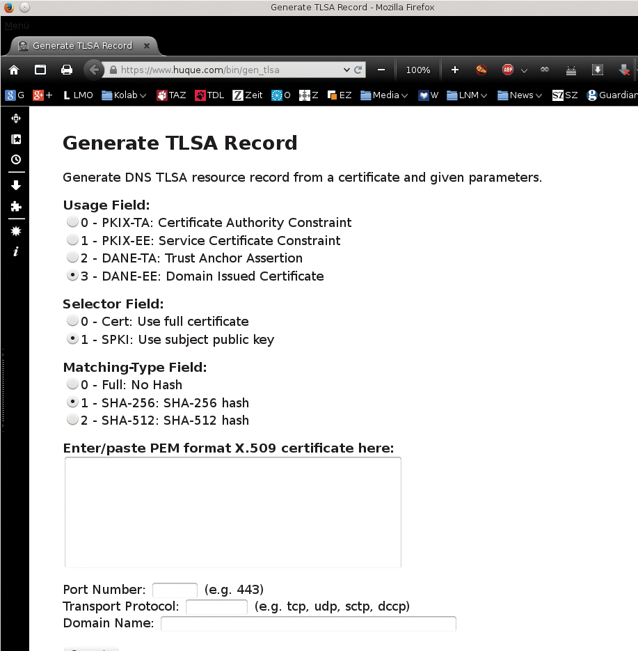 The TLSA generator comfortably produces TLSA RRs in the browser. 