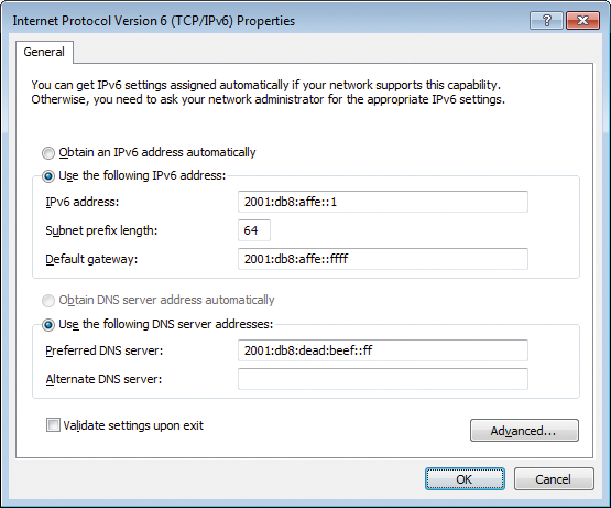 The default input mask for IPv6 provides only the basic settings. 