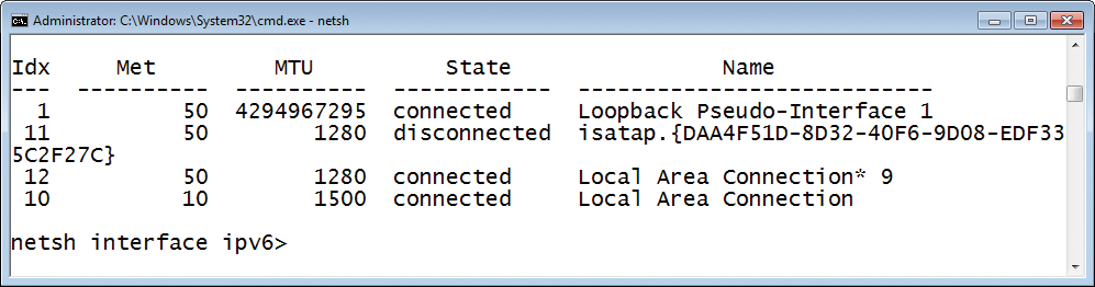 NetShell showing the existing IPv6 interfaces. 