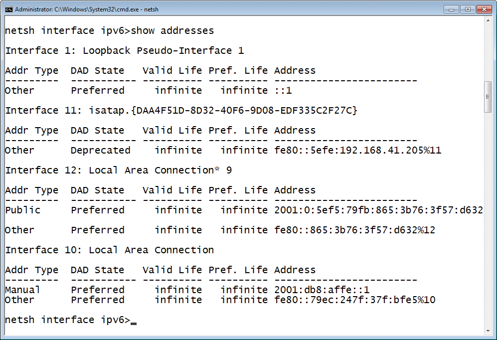 The "show addresses" command tells NetShell to indicate the validity and status of IPv6 addresses. 