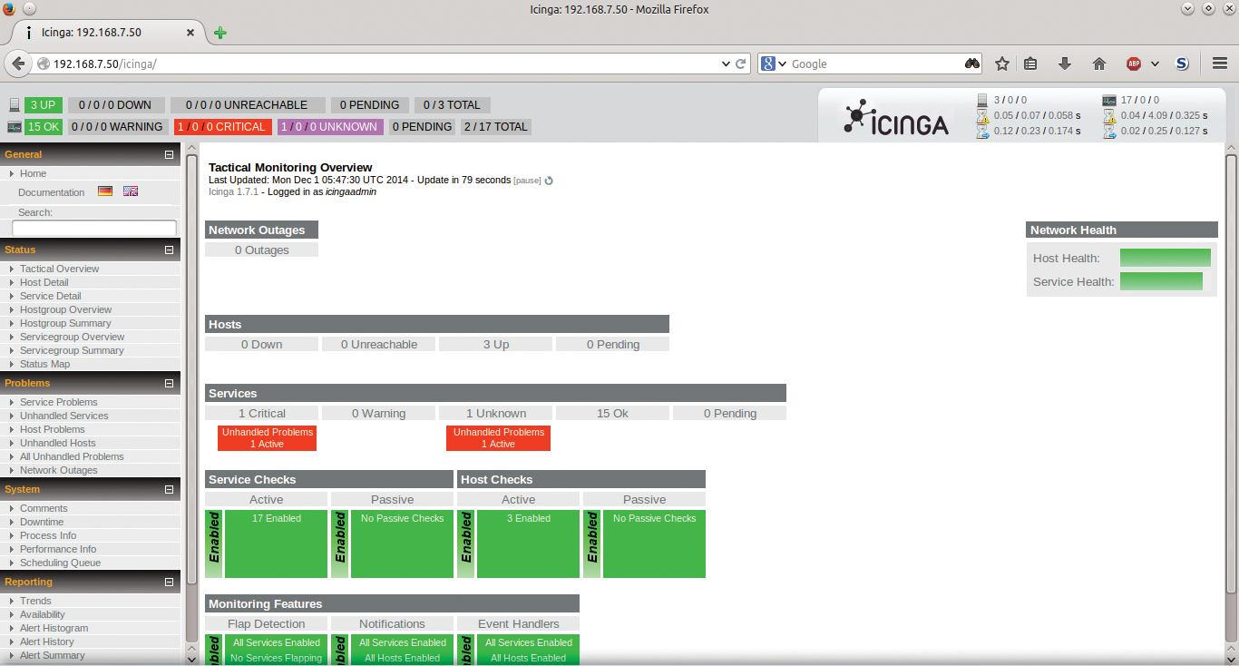 The Icinga Tactical Overview window. 
