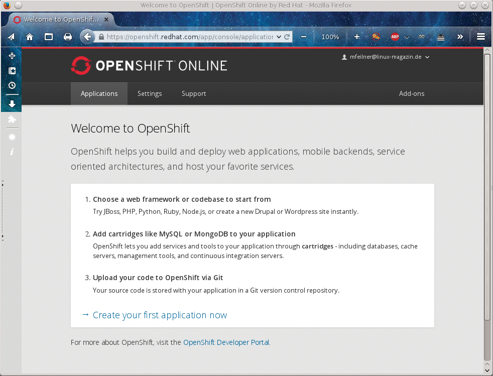 Namespace, public key, authorizations: In the OpenShift Online settings dialog, you'll have to define your workspace environment. 