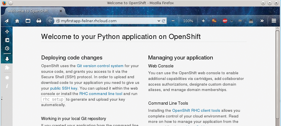 You have successfully started your first Python-based container in Red Hat's OpenShift cloud. 