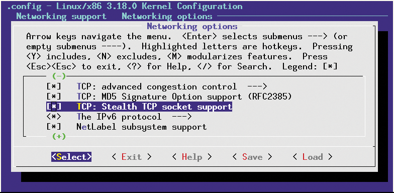 Under Networking support | Networking options, you will find the Linux kernel settings for enabling TCP Stealth. 