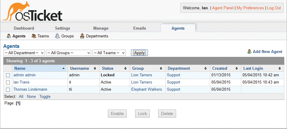 Managing users and groups via the web-based environment is a breeze in osTicket. 