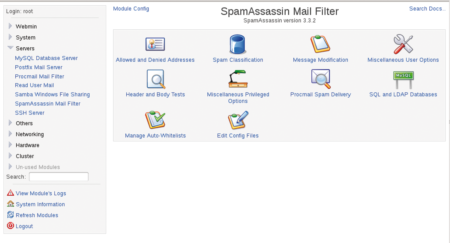 The administration of the SpamAssassin filter is considerably simplified with the comfortable Webmin module. 