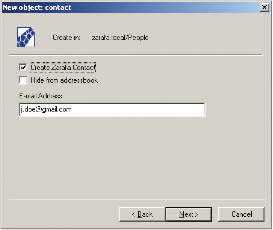 Creating a Zarafa contact in Active Directory. 