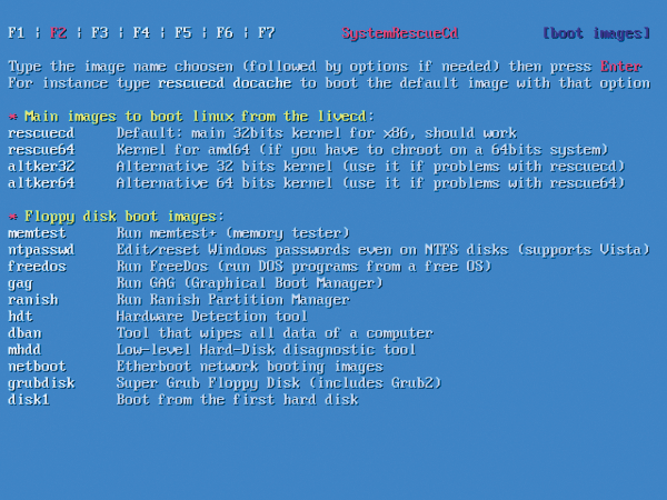 SystemRescueCd boots Linux in the default configuration, but FreeDOS and MemTest86 are also options. 