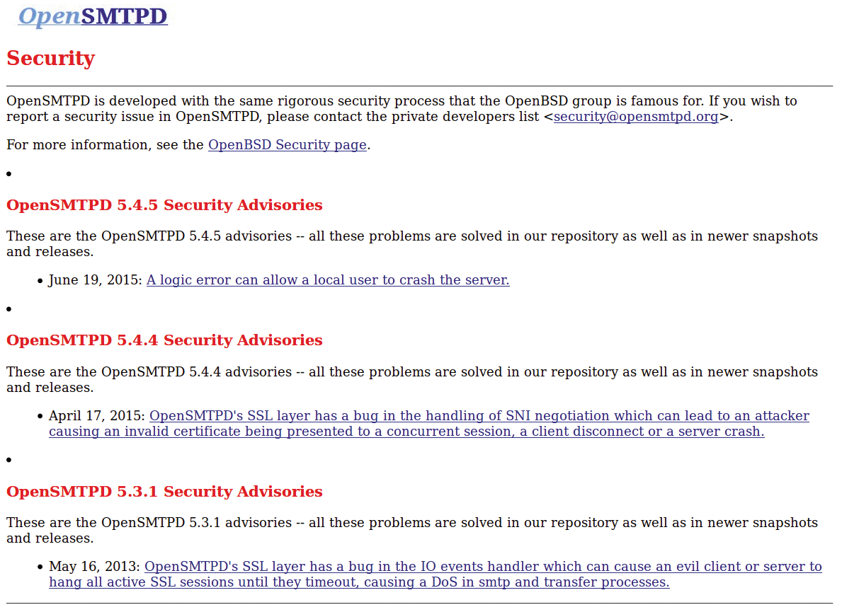Only rarely does a security vulnerability demand a new version of OpenSMTPD. 