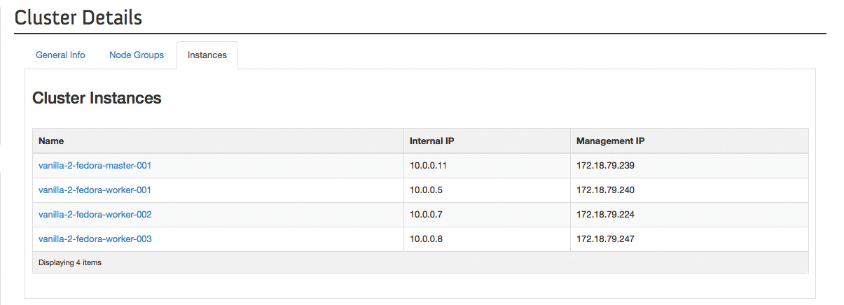 The Sahara pages in the OpenStack dashboard quickly provide information about which nodes belong to a Sahara cluster. 