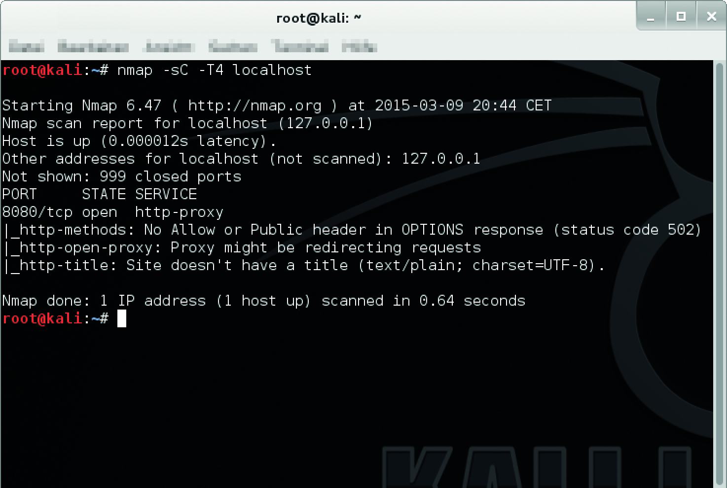 Initial Nmap run with the Nmap Scripting Engine enabled, targeting localhost. 