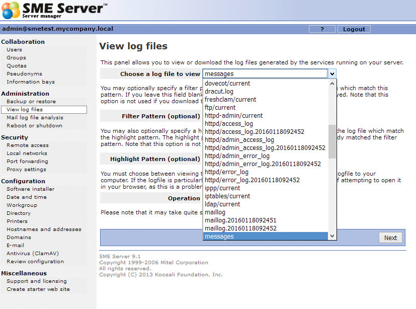 In the Koozali SME Server web interface, you can access various system logfiles. 