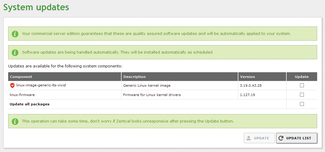 If do not want to wait for the automatic updates on Zentyal Server, you can simply trigger updates manually. 