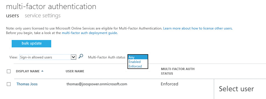 Using multifactor authentication, you can increase security for users in Office 365. 
