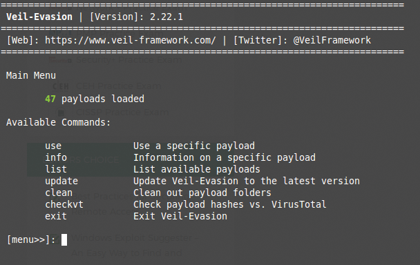 Veil launches to a text-based command prompt. 